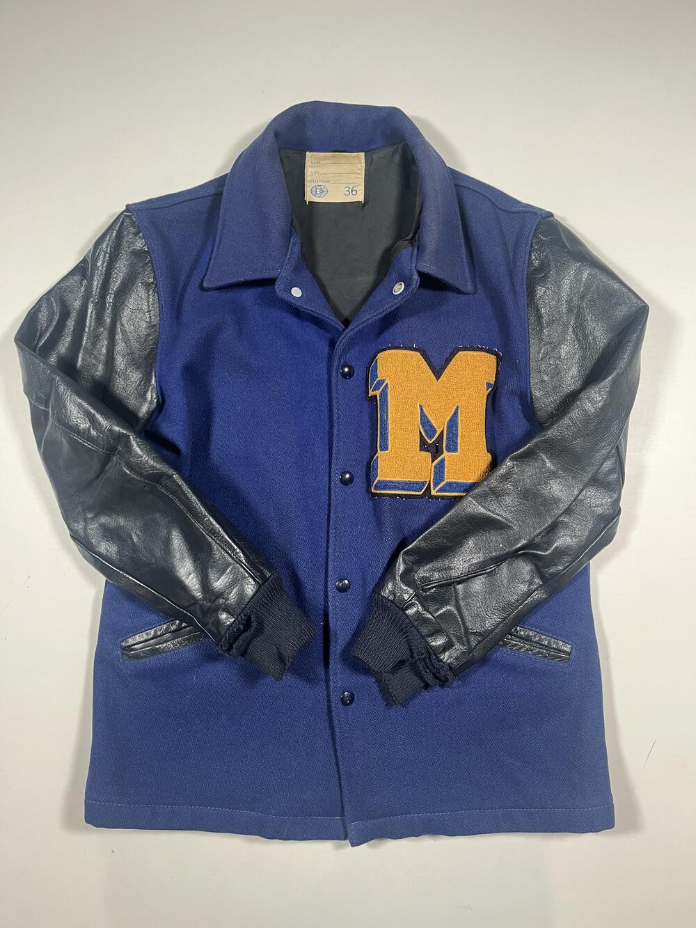 Vintage Letterman Varsity Jacket Mens 36 Blue Leather Sleeves Chenille M Patch
